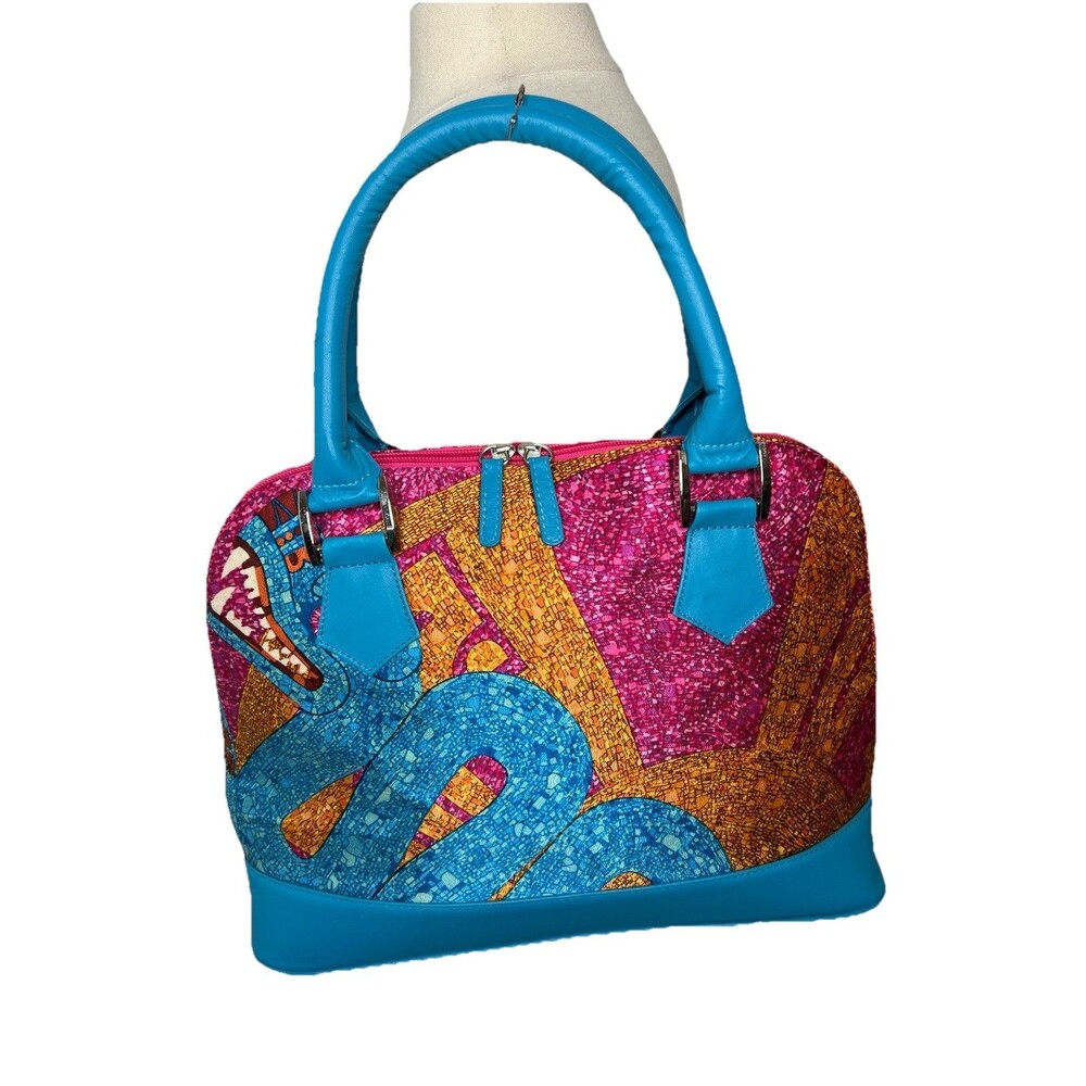 Pineda Covalin Shoulder Bag Made in Mexico Abstract Blue Pink Silk Vintage